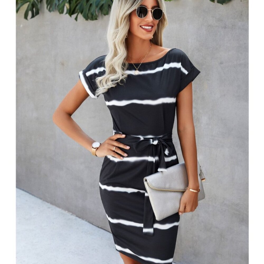 Emory Rose Medium T Shirt Dress Black White Striped Short Sleeve Black White Tee - Picture 3 of 7